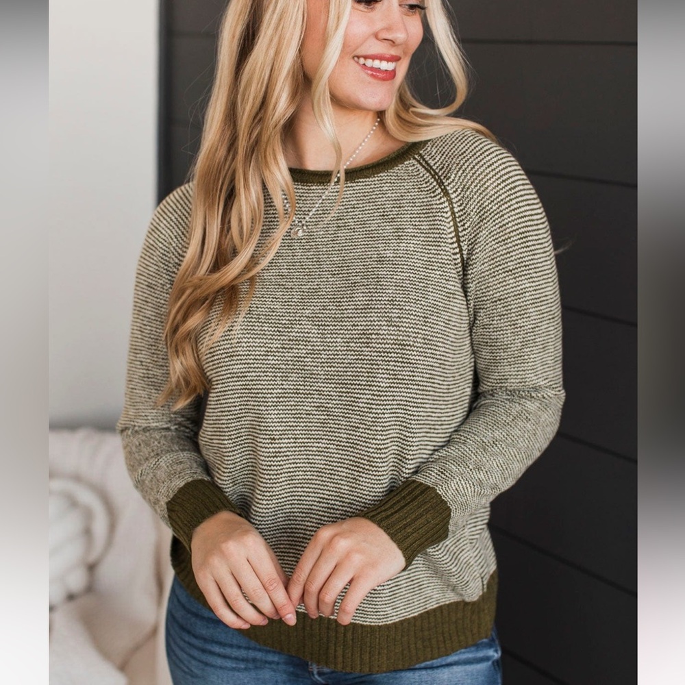 Pulse Boutique Knit Contrast Stripe Green Sweater